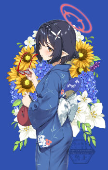 1girl ayane_(blue_archive) black_hair blue_archive blue_background blue_kimono brown_eyes closed_mouth commentary_request cowboy_shot floral_background from_side glasses hair_ornament halo highres holding holding_kinchaku holding_removed_eyewear japanese_clothes kimono looking_at_viewer obi pointy_ears red-framed_eyewear red_halo sash short_hair solo takayaki unworn_eyewear watermark white_sash