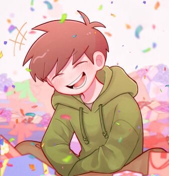 1boy birthday blurry blurry_background blush brown_hair closed_eyes commentary drawstring edd_(eddsworld) eddsworld facing_viewer gift green_hoodie happy hood hood_down hoodie long_sleeves male_focus mau_(edd_tom) open_mouth short_hair sitting smile solo symbol-only_commentary toon_(style)