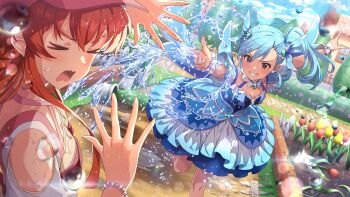 2girls alternate_hair_color blue_dress bracelet braid brown_eyes building closed_eyes cloud dress fence flower futami_mami game_cg grin idolmaster idolmaster_million_live! idolmaster_million_live!_theater_days jewelry kousaka_umi multiple_girls official_art open_mouth path plant potted_plant road side_ponytail smile tail tree water wet wings