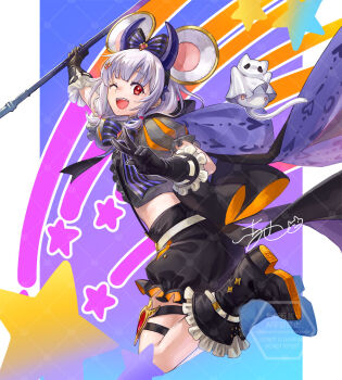 1girl ;d animal_ear_hairband animal_ears black_boots black_capelet black_gloves black_shorts bob_cut boots bow_hairband capelet crop_top cropped_shirt demon_horns fake_animal_ears fake_horns frilled_boots frilled_gloves frills gloves granblue_fantasy grey_hair grey_shirt hair_ornament hairband hairclip holding holding_staff horn_hairband horns medium_hair mouse_ears official_alternate_costume one_eye_closed open_mouth puffy_short_sleeves puffy_shorts puffy_sleeves purple_capelet red_eyes scallgo shirt short_sleeves shorts smile solo staff suspenders thigh_strap two-sided_capelet vikala_(granblue_fantasy) vikala_(halloween)_(granblue_fantasy) waist_cape
