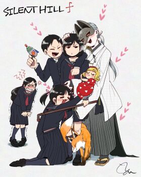 2boys 3girls anger_vein angry animal arm_around_shoulder black_eyes black_hair black_nails black_shoes blonde_hair blue_sailor_collar blue_shirt blue_skirt blue_socks copyright_name doll dress fox fox_mask fox_mask_(silent_hill) full_body gakuran grey_hair hair_ribbon hakama heart highres hug igarashi_sakuko iwai_shu japanese_clothes jealous jitome kimono kneehighs kneeling loafers long_hair long_sleeves mask medium_hair multiple_boys multiple_girls neckerchief nishida_rinko nuzzle ohyou_wake parted_bangs pink_ribbon pleated_skirt ponytail red_dress red_neckerchief ribbon sailor_collar sandals school_uniform serafuku shaking shimizu_hinako shirt shoes short_hair signature silent_hill_(series) silent_hill_f simple_background skirt socks spoken_anger_vein standing tabi twintails wide_sleeves zouri