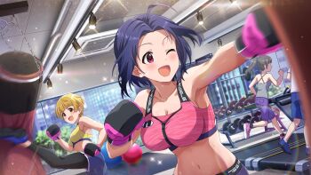 2girls :d ahoge blonde_hair blue_hair blush boxing boxing_gloves breasts cleavage commentary_request day fukuda_noriko game_cg idolmaster idolmaster_(classic) idolmaster_million_live! idolmaster_million_live!_theater_days indoors kicking large_breasts midriff miura_azusa multiple_girls navel official_art one_eye_closed open_mouth punching punching_bag purple_eyes short_hair smile sports_bra third-party_source
