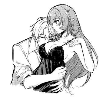 1boy 1girl bare_shoulders blush breasts cleavage closed_eyes collared_shirt couple cropped_torso elysia_(honkai_impact) greyscale hashtag-only_commentary hetero highres honkai_(series) honkai_impact_3rd hug kevin_kaslana large_breasts long_hair monochrome nightgown shirt short_hair star_(zhongyan88528) very_long_hair