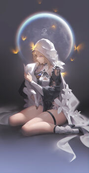 1girl absurdres animal animal_hug aponia baby_animal bare_legs blonde_hair blouse breasts dated full_body high_heels highres honkai_(series) honkai_impact_3rd lamb large_breasts layered_sleeves long_hair long_sleeves looking_at_animal ribao sheep shirt signature sitting solo thigh_strap wariza white_shirt