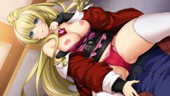 1boy 1girl belt belt_buckle blonde_hair blue_eyes blue_shirt bow bra bra_pull breasts buckle bulge clothes_down clothes_lift clothes_pull coat dutch_angle floating_hair game_cg girl_on_top hair_between_eyes hair_ornament hetero high_ponytail indoors inoino jacket kouyoku_senki_exs-tia large_breasts large_variant_set long_hair long_sleeves looking_at_viewer nipples non-web_source off_shoulder official_art open_clothes open_coat open_jacket open_mouth panties ponytail red_bra red_jacket red_panties rieszverne_suzette_paladill shirt skirt skirt_lift solo_focus straddling thighhighs underwear variant_set very_long_hair white_thighhighs
