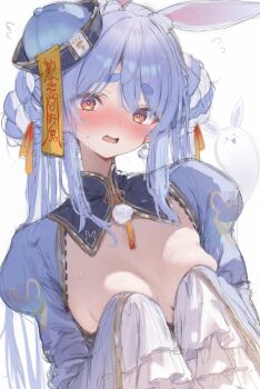 1girl absurdres alternate_costume animal_ears blue_hair blue_hat blush breasts commentary covering_breasts covering_privates double_bun english_commentary hair_bun hat highres hololive jiangshi_costume klopsiak long_hair long_sleeves looking_at_viewer medium_breasts multicolored_hair ofuda open_mouth orange_eyes qingdai_guanmao rabbit_ears rabbit_girl simple_background sleeves_past_fingers sleeves_past_wrists solo thick_eyebrows two-tone_hair usada_pekora virtual_youtuber white_background white_hair