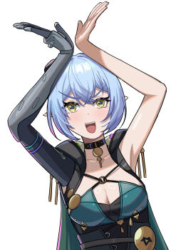 1girl :d absurdres aqua_eyes arms_up black_collar blue_hair breasts cleavage collar commentary highres hood hood_down junmin lucia_elowen mechanical_arms medium_breasts multicolored_eyes open_mouth pointy_ears sidelocks simple_background single_mechanical_arm smile solo two-tone_eyes upper_body v-shaped_eyebrows white_background yellow_eyes zenless_zone_zero