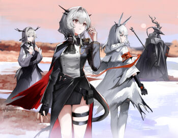 3girls aiguillette alina_(arknights) animal_ears animal_skull antlers arknights armband ascot black_ascot black_cape black_gloves black_jacket black_neckerchief black_skirt blue_eyes cape coat deer_antlers deer_ears deer_girl deer_skull dragon_girl dragon_horns dragon_tail dress epaulettes fingerless_gloves frostnova_(arknights) gloves grey_eyes grey_hair hair_ornament hairclip hashtag-only_commentary holding holding_shield holding_weapon horns jacket long_hair long_sleeves mask multiple_girls neckerchief orange_armband patriot_(arknights) pinafore_dress rabbit_ears rabbit_girl s_4ik4 scar scar_on_face scar_on_nose shield single_epaulette single_glove skirt sleeveless sleeveless_dress tail talulah_(arknights) talulah_the_fighter_(arknights) thigh_strap weapon wendigo white_coat white_hair