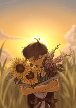 Rule 34 | 1boy, antenna hair, artist name, black hair, black sweater vest, blurry, blurry background, bouquet, cactus, closed eyes, collared shirt, double-parted bangs, flower, gladiolus, hair between eyes, highres, holding, holding bouquet, lily of the valley, male focus, no mouth, omori, outdoors, petnill, red flower, red rose, rose, shirt, short hair, short sleeves, solo, sun, sunny (omori), sunset, sweater vest, tulip, white flower, white shirt, white tulip