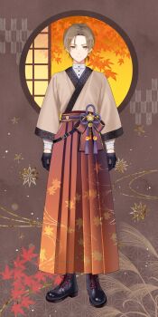1boy absurdres autumn_leaves black_boots black_gloves boots brown_background brown_eyes brown_hair brown_hakama brown_kimono commission copyright_request full_body gloves hakama hakama_skirt highres japanese_clothes kimono lace-up_boots leaf long_sleeves male_focus maple_leaf myusha official_art puffy_long_sleeves puffy_sleeves round_window shirt skirt solo standing taishou virtual_youtuber white_shirt window yagasuri