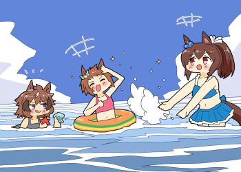 Rule 34 | 3girls, :d, :o, animal ears, ashitaba tomorou, biko pegasus (umamusume), blue sky, blush, brown hair, buoy, cloud, ear ornament, ear scrunchie, hair tuft, hishi akebono (umamusume), horse ears, horse girl, horse tail, in water, jellyfish, laughing, long hair, multiple girls, ocean, open mouth, pearl ornament, playing, ponytail, ribbon, sharp teeth, shinko windy (umamusume), short hair, sky, smile, smug, splashing, standing, star (symbol), star ornament, starfish, swimsuit, tail, teeth, umamusume, white ribbon, wing ornament