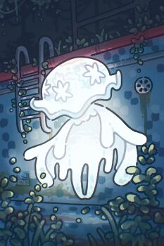 empty_pool gen_7_pokemon glowing highres jellyfish moss night nihilego nintendo no_humans outdoors overgrown petite_echorizon plant pokemon pokemon_(creature) pool pool_ladder rust solo tentacles ultra_beast vines