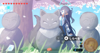 1girl :d aris_(blue_archive) black_hair blue_archive blue_eyes blue_necktie fake_screenshot gameplay_mechanics hair_between_eyes hairband halo heads-up_display highres jacket long_hair miaki_(mi_autumn39) necktie nintendo open_mouth shirt skirt smile statue the_legend_of_zelda the_legend_of_zelda:_breath_of_the_wild user_interface very_long_hair white_shirt