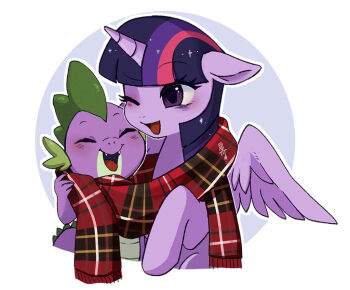 animal animal_focus blush choco_hosikawa closed_eyes commentary dragon fangs happy hooves long_hair multicolored_hair my_little_pony my_little_pony:_friendship_is_magic no_humans one_eye_closed open_mouth plaid_clothes plaid_scarf pony_(animal) purple_eyes purple_hair red_scarf scarf shared_clothes shared_scarf simple_background smile spike_(my_little_pony) streaked_hair twilight_sparkle white_background winged_unicorn wings
