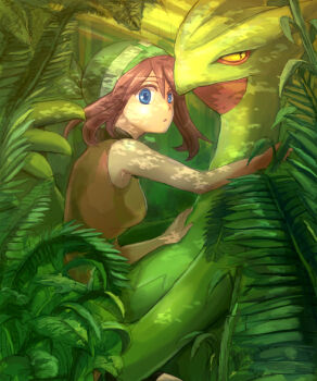 00s 1girl alternate_costume bad_id bad_pixiv_id bandana blue_eyes brown_hair commentary_request derauea gen_3_pokemon jungle may_(pokemon) may_(pokemon_emerald) nature nintendo pokemon pokemon_(creature) pokemon_adventures pokemon_rse sceptile sexually_suggestive