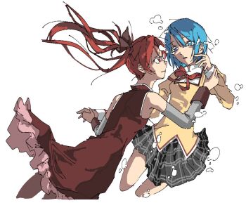 Rule 34 | 2girls, air bubble, black bow, black skirt, blue hair, bow, bowtie, bubble, commentary request, crying, detached sleeves, dress, from side, hair ornament, hairclip, hand grab, hands up, high collar, juliet sleeves, korean commentary, kyosaya 00, long hair, long sleeves, looking at another, mahou shoujo madoka magica, mahou shoujo madoka magica (anime), miki sayaka, mitakihara school uniform, multiple girls, parted lips, plaid clothes, plaid skirt, pleated skirt, ponytail, profile, puffy sleeves, red bow, red bowtie, red dress, red eyes, red hair, sakura kyoko, sakura kyoko (magical girl), school uniform, shirt, short hair, skirt, sleeve cuffs, sleeveless, sleeveless dress, smile, tears, translation request, underwater, white sleeves, yellow shirt