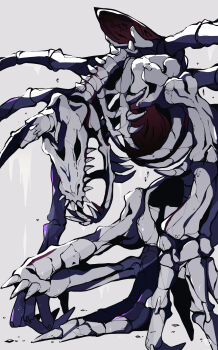 absurdres bent_over bone claws digimon digimon_(creature) highres horns no_eyes no_humans rib_cage sharp_teeth skeleton skullgreymon solo spikes spine taoru_(towtowru) teeth