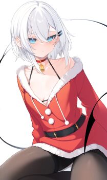 Rule 34 | 1girl, bell, belt, bikini, black belt, black bikini, black pantyhose, blue eyes, breasts, choker, closed mouth, collarbone, commentary request, dress, hair ornament, hairclip, highres, long sleeves, looking at viewer, neck bell, original, otokuyou, paid reward available, pantyhose, parallel hairclips, red choker, red dress, ringo-chan (otokuyou), santa costume, santa dress, simple background, small breasts, solo, swimsuit, tsurime, white background, white hair