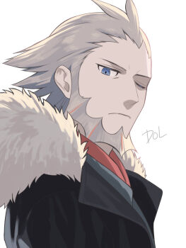 Rule 34 | 1boy, beard, bin (bottle crown), closed mouth, facial hair, frown, fur-trimmed hood, fur trim, grey hair, hair slicked back, highres, hood, hooded jacket, jacket, looking to the side, lysandre (pokemon), male focus, nintendo, one eye closed, open clothes, open jacket, pokemon, pokemon legends: z-a, red shirt, shirt, short hair, simple background, solo, white background, white fur