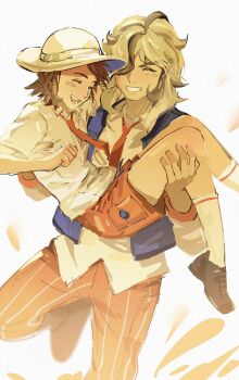 1boy 1girl :d arven_(pokemon) blue_vest brown_hair ch_walnut clenched_hand closed_eyes collared_shirt commentary_request grin hair_over_one_eye happy hat highres juliana_(pokemon) korean_commentary long_hair necktie nintendo open_clothes open_mouth open_vest orange_necktie orange_pants orange_shorts pants pokemon pokemon_sv school_uniform shirt shoes shorts smile socks teeth vest white_background white_hat white_shirt white_socks
