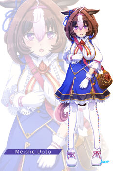 Rule 34 | 1girl, @ @, absurdres, ahoge, animal ears, bag, between breasts, blue dress, blush, bow, breasts, brown hair, character name, commentary request, double-parted bangs, dress, ear ribbon, full body, gloves, hair between eyes, hairband, headband, highres, horse ears, horse girl, horse tail, konsu (konsu1182da), large breasts, long sleeves, looking at viewer, meisho doto (turbulent blue) (umamusume), meisho doto (umamusume), multicolored hair, open mouth, pantyhose, pink hairband, pink headband, purple eyes, shirt, shoes, short hair, shoulder bag, simple background, strap between breasts, tail, two-tone hair, umamusume, white background, white gloves, white hair, white pantyhose, white shirt, zoom layer