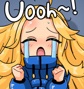 Rule 34 | 1girl, blonde hair, blue coat, blush, closed eyes, coat, commentary, crying, diana (pragmata), english text, meme, open mouth, oversleepergirl, pragmata, solo, untranslatable commentary, uohhhhhhhhh! (meme)