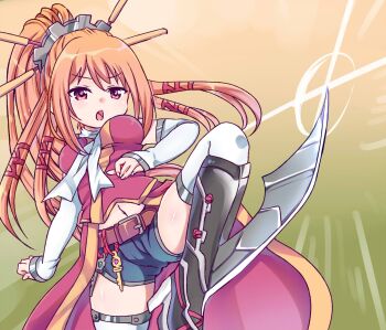 Rule 34 | 1girl, belt, blush, breasts, cameltoe, coat, dress, emphasis lines, gear hair ornament, hand on own hip, high ponytail, highres, key, komatsu tsumako, leg blade, leg up, mechanical boots, navel, neck ribbon, open mouth, orange eyes, orange hair, pink coat, pink dress, ponytail, raised inner eyebrows, ribbon, sengoku otome, short shorts, shorts, sidelocks, sleeveless, sleeveless dress, standing, standing on one leg, tachibana dousetsu (sengoku otome), thighhighs, thighs, two-tone background, white thighhighs
