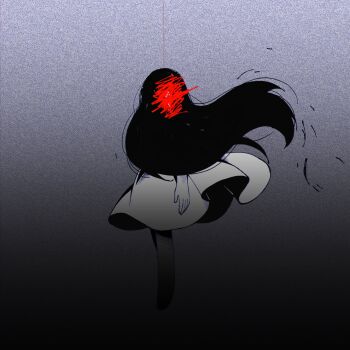 1girl bad_id bad_twitter_id barefoot black_hair dress film_grain full_body hanged highres long_hair mari_(faraway)_(omori) mari_(omori) morivivi3 omori solo something_(omori) spoilers third-party_source white_dress