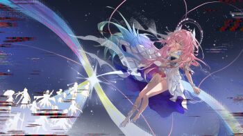 1girl absurdres aglaea_(honkai:_star_rail) anaxa_(honkai:_star_rail) aqua_hair bare_shoulders breasts chrysos_heirs_(honkai:_star_rail) commentary cr3st0 cyrene_(honkai:_star_rail) cyrene_(ripples_of_past_reverie)_(honkai:_star_rail) dan_heng_(honkai:_star_rail) dan_heng_(permansor_terrae)_(honkai:_star_rail) dress english_commentary evernight_(honkai:_star_rail) glitch halo high_heels highres honkai:_star_rail honkai_(series) large_breasts long_hair march_7th_(honkai:_star_rail) multicolored_hair phainon_(honkai:_star_rail) pink_hair purple_eyes sky solo_focus star_(sky) starry_sky trianne_(honkai:_star_rail) tribbie_(honkai:_star_rail) trinnon_(honkai:_star_rail) two-tone_hair very_long_hair white_dress