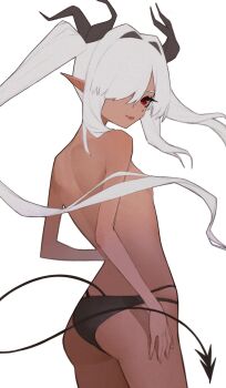 1girl anemoneeanemone ass black_panties black_ribbon blue_archive breasts convenient_censoring cowboy_shot dark-skinned_female dark_skin demon_tail from_behind grey_hair hair_censor hair_intakes hair_over_one_eye hair_ribbon highres iori_(blue_archive) large_breasts long_hair long_pointy_ears looking_at_viewer one_eye_covered panties pointy_ears red_eyes ribbon shoulder_blades simple_background small_breasts smile solo tail topless_female twintails underwear very_long_hair white_background