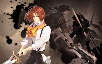 2boys absurdres antenna_hair ascot attack_trail black_pants black_suspenders blood blood_splatter brown_background brown_eyes brown_hair closed_mouth commentary cowboy_shot cross-laced_pants dress_shirt dual_persona english_commentary high_collar highres holding holding_sword holding_weapon impasto jacket knight maximin_liebkne medium_hair motion_lines multiple_boys nexon nose official_art orange_ascot pants ponytail popped_collar profile sang_ah_yoon shirt sleeves_rolled_up speed_lines suspenders sword tales_weaver three-quarter_sleeves tsurime weapon white_shirt white_sleeves