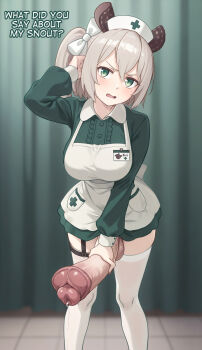 1futa animal_ears animal_penis apron apron_pocket blush breasts collared_shirt contrast_collar dress english_text erection feet_out_of_frame futanari green_dress green_eyes grey_hair hat highres horse_penis huge_penis indie_virtual_youtuber large_breasts leaning_forward long_sleeves looking_at_viewer microdress name_tag nimi_nightmare nurse nurse_cap open_mouth penis precum rounded_collar shirt shirt_under_dress solo standing tapir_ears tapir_girl testicles thighhighs uncensored unusual_penis virtual_youtuber white_apron white_thighhighs zoryc