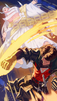 absurdres black_gauntlets black_hair blonde_hair clive_rosfield crossover damage_numbers final_fantasy final_fantasy_xvi hazurewaku_no_joutai_ijou_skill_de_saikyou_ni_natta_ore_ga_subete_wo_juurin_suru_made highres navel punching saliva scar scar_on_face scene_reference vicius_(hazurewaku_no_joutai) yagi2013