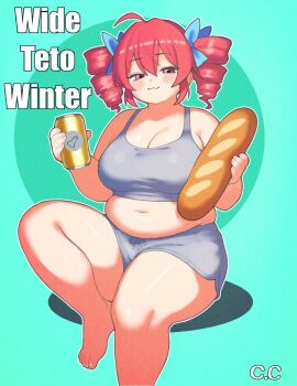 1girl :3 ahoge alternate_body_size aqua_background baguette barefoot blush bow bread breasts can champchidi character_name cleavage commentary dot_nose drill_hair drink drink_can english_commentary english_text fat fat_woman fatass_teto_(meme) food foot_out_of_frame grey_shorts hair_between_eyes hair_bow half-closed_eyes highres holding holding_drink holding_food kasane_teto large_breasts meme muffin_top navel outline penis_drawing plump red_hair shorts simple_background sitting solo thick_thighs thighs twin_drills utau white_outline