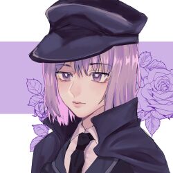 Rule 34 | 1girl, akaakaakaakashio, black cape, black hat, black jacket, black necktie, cape, chinese commentary, closed mouth, commentary request, cookie (touhou), expressionless, flower, geru futota, hat, highres, jacket, leaf, necktie, peaked cap, portrait, purple eyes, purple hair, remilia scarlet, rose, short hair, solo, touhou