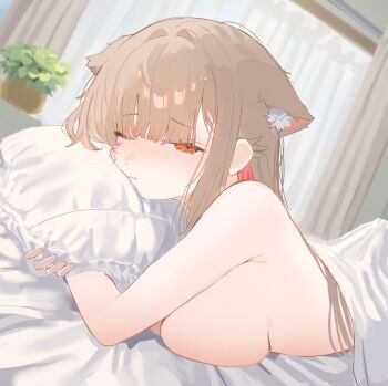 1girl absurdres animal_ear_fluff animal_ears bed_sheet blunt_bangs blush breast_press breasts brown_hair cat_ears closed_mouth commentary_request curtains extra_ears highres hugging_object indoors large_breasts long_hair looking_at_viewer lying mayu_shirasaki multicolored_hair nude on_bed on_stomach one_eye_closed original pillow pillow_hug plant potted_plant red_eyes red_hair solo sorotu under_covers upper_body