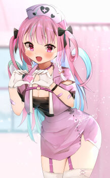 1girl aqua_hair artist_name black_bow bow braid breasts cleavage commentary_request gloves hair_ornament heart heart-shaped_pupils heart_hands highres hololive indoors large_breasts light_blush looking_at_viewer minato_aqua multicolored_hair open_mouth pink_eyes pink_hair shizumu_(4_zu6) solo symbol-shaped_pupils thighhighs twintails virtual_youtuber white_gloves