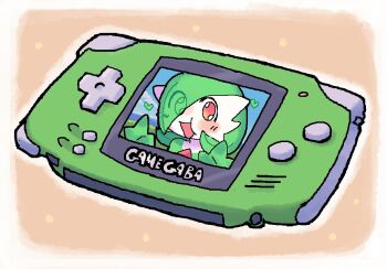brown_background game_boy_advance gardevoir gen_3_pokemon green_hair handheld_game_console looking_at_viewer melfunnysmell nintendo pokemon pokemon_(creature) red_eyes solo two-tone_background white_background