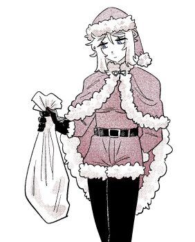 1girl a_ml0525 belt black_gloves blue_eyes coat coat_on_shoulders commentary faust_(project_moon) feet_out_of_frame gloves hat holding holding_sack limbus_company looking_at_object project_moon sack santa_costume santa_hat symbol-only_commentary white_hair