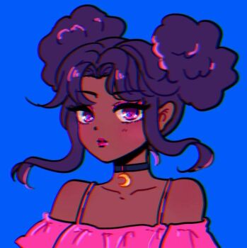 1girl afro_puffs artist_self-insert bare_shoulders black_choker blue_background choker chromatic_aberration closed_mouth commentary crescent_choker dark-skinned_female dark_skin english_commentary frilled_shirt frills from_side halterneck looking_at_viewer original parted_bangs pink_eyes pink_lips pink_shirt portrait purple_hair shirt short_hair_with_long_locks sidelocks simple_background solo thuminnnoo very_dark_skin