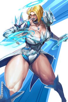 1girl absurdres bare_legs blonde_hair blue_boots blue_collar blue_eyes blue_lips boots breasts collar collarbone commentary curtained_hair earrings emma_frost highres jewelry large_breasts leotard looking_to_the_side marvel marvel_rivals multicolored_leotard short_hair signature thick_thighs thighs toned toned_female virgoart x-men