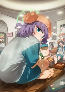 1girl absurdres barefoot blue_archive blue_eyes blush cellphone drinking_straw feet highres homuri_(homuri_) looking_at_viewer medium_hair phone saki_(blue_archive) smartphone soles toes