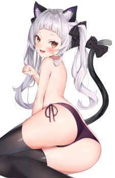 1girl :d animal_ears ass black_bow black_thighhighs blunt_bangs blush bow brown_eyes cat_ears cat_girl cat_tail fang feet_out_of_frame frilled_bow frills hair_bow hand_up highres hololive k_mugura long_hair looking_at_viewer looking_back murasaki_shion open_mouth panties paw_pose purple_panties side-tie_panties silver_hair simple_background smile solo tail tail_bow tail_ornament tail_raised thighhighs topless_female twintails underwear underwear_only very_long_hair virtual_youtuber white_background