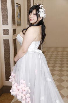 1girl asian black_hair breasts bride chouzuki_maryou cleavage dress highres lipstick makeup photo_(medium) plump solo wedding_dress