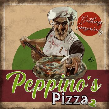 1boy 2023 apron bad_teeth black_hair black_shirt blood blood_on_clothes body_horror bulging_eyes character_name chef_hat cleft_chin commentary creature english_commentary english_text eye_pop facial_hair fake_peppino fat fat_man food hat highres holding light_blush long_nose looking_at_viewer male_focus melting mold mustache nurve26 peel_(tool) pizza pizza_tower shirt short_hair short_sleeves signature smile solo spoilers upper_body wall-eyed what white_apron white_hat why