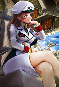 1girl aircraft airplane arm_up black_shirt blue_eyes blue_sky brown_hair choujikuu_yousai_macross closed_mouth cloud cloudy_sky cockpit commentary_request commission crossed_legs fighter_jet hand_on_own_chin hat hayase_misa highres layered_sleeves long_hair long_sleeves macross military military_uniform military_vehicle nabeyu pixiv_commission science_fiction shirt sitting skirt sky solo two-tone_shirt u.n._spacy v variable_fighter white_hat white_shirt white_skirt