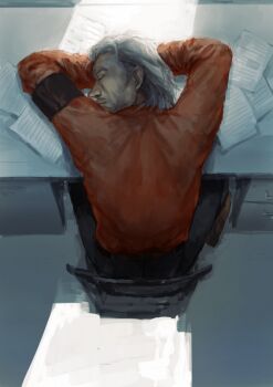 Rule 34 | artist request, desk, male focus, metal gear (series), metal gear solid v: the phantom pain, paper, revolver ocelot, sleeping, solo