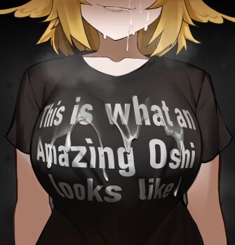 Rule 34 | 1girl, absurdres, alternate breast size (larger), blonde hair, breasts, commentary, cum, cum on body, cum on breasts, cum on upper body, dokibird, dokibird (bounty hunter), english commentary, facial, feather hair, grey background, grin, h000000mpa, highres, indie virtual youtuber, large breasts, shirt, short hair, smile, solo, virtual youtuber