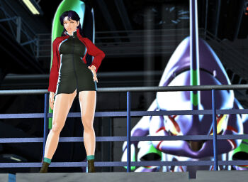 1girl black_dress black_hair breasts dress earrings evangelion_(mecha) hand_on_own_hip jacket jewelry katsuragi_misato kill_the_king large_breasts long_legs mature_female mecha purple_hair robot short_dress short_hair