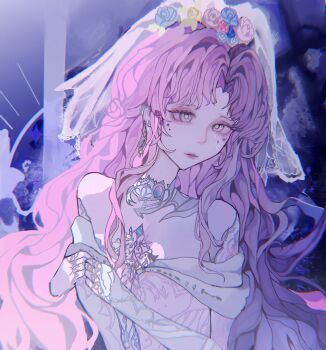 Rule 34 | absurdres, arm warmers, blue background, blue flower, blue rose, bridal veil, bride, bright pupils, brown eyes, chinese commentary, closed mouth, collar, commentary request, crying, crying with eyes open, detached collar, dress, earrings, eyelashes, eyeshadow, flower, hair flower, hair ornament, highres, infinity nikki, jewel under eye, jewelry, lipstick, liyue573, long hair, looking to the side, makeup, multiple rings, nameless selfless (infinity nikki), nikki (nikki), nikki (series), off-shoulder dress, off shoulder, official alternate color, own hands together, parted lips, pink eyeshadow, pink flower, pink hair, pink lips, pink rose, ring, ring on every finger, rose, sad, short sleeves, single arm warmer, sparkle, tears, veil, very long hair, wavy hair, wedding dress, white arm warmers, white collar, white dress, white flower, white pupils, white rose, white veil, yellow flower, yellow rose